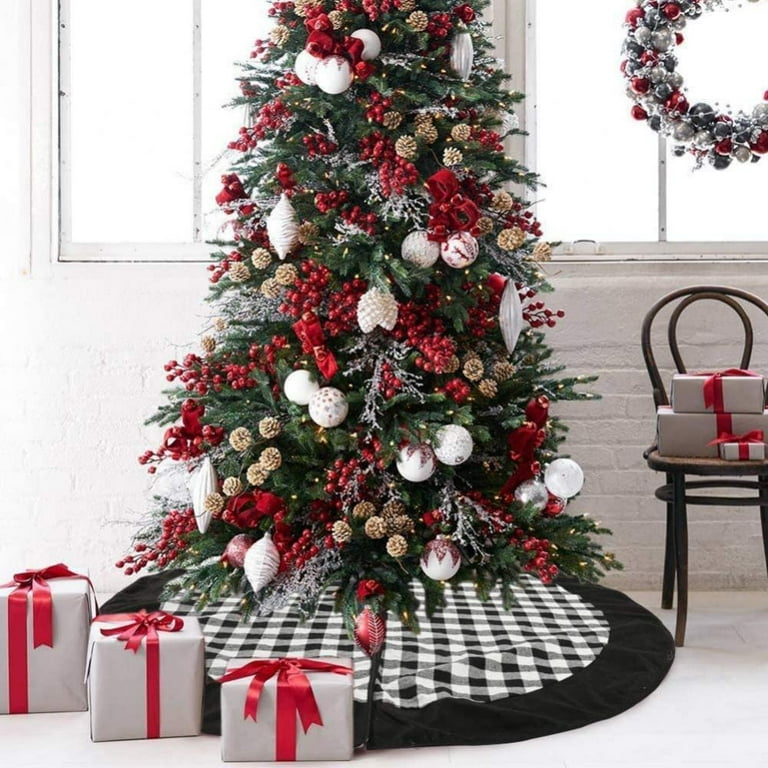 Saient Black and White Buffalo Plaid Check Christmas Tree Skirt 48 Inches, Country Xmas Tree Decorations Tree Skirts Double Layers Holiday Ornaments