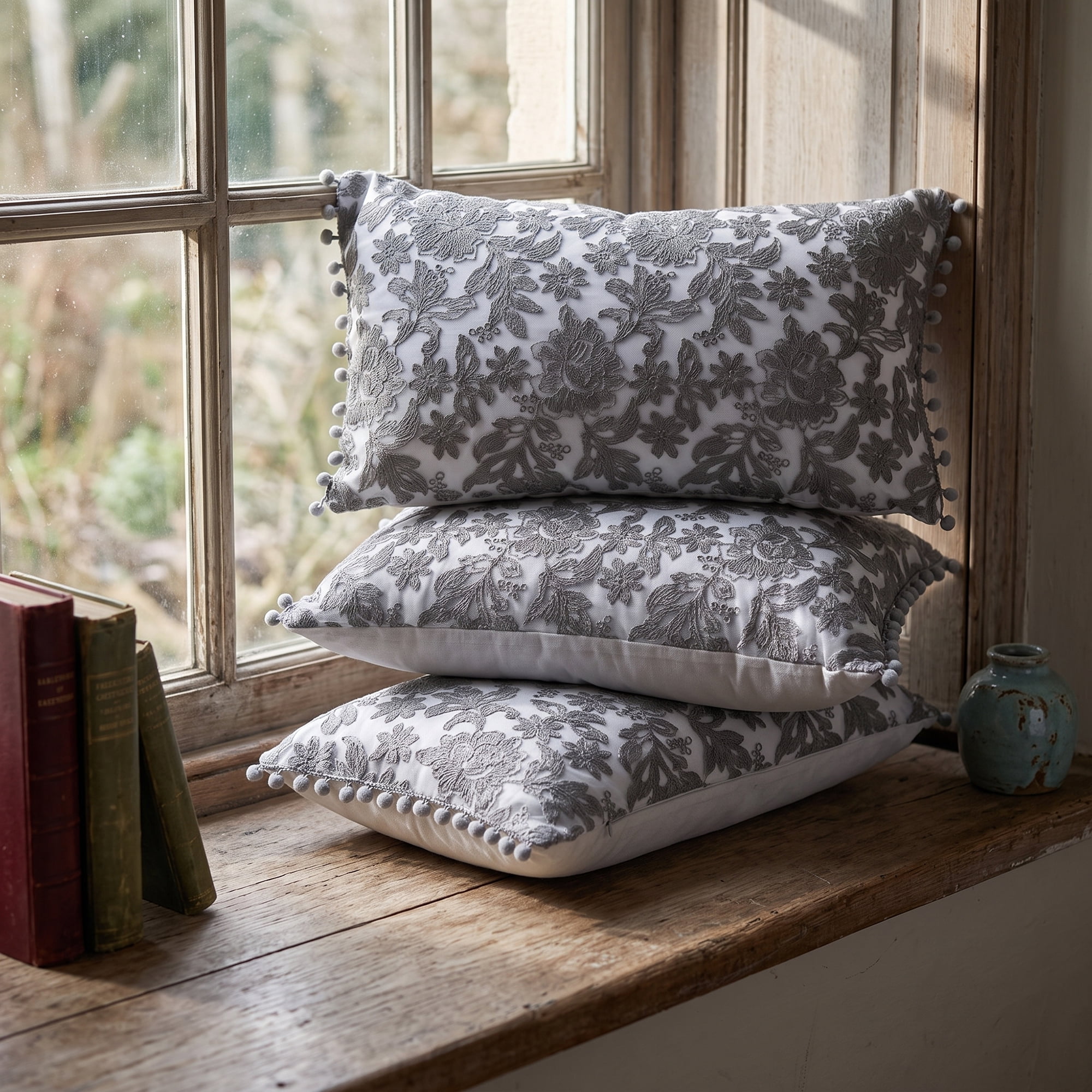 Unique Bargains Elegant Vintage Floral Throw Pom-Pom Pillow Covers Grey 20" x 12"