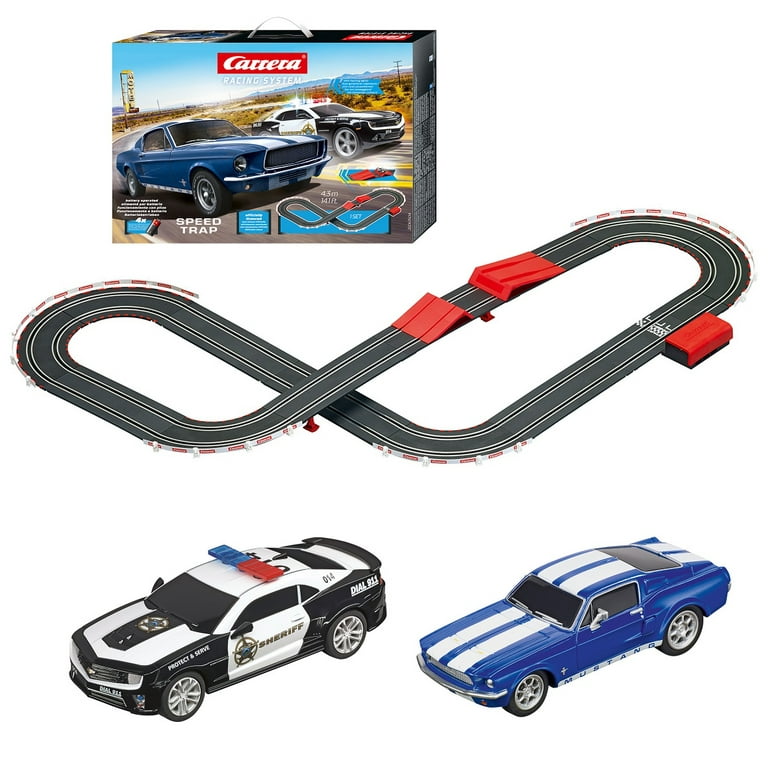 Carrera Battery Operated 1:43 Scale Speed Trap Slot Car Race Track Set w/  Jump Ramp featuring Ford Mustang versus Chevrolet Camaro Sheriff 