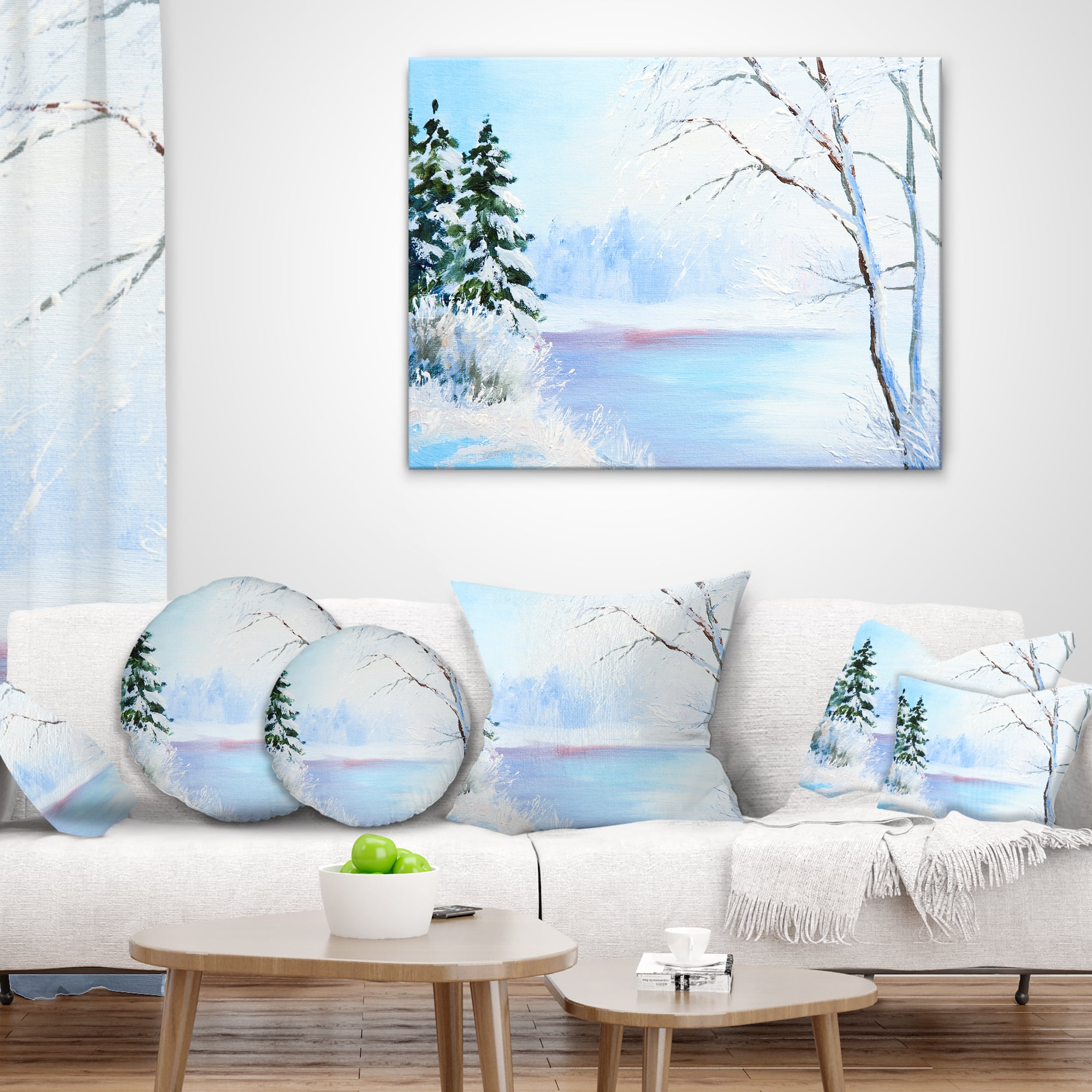 Designart Frozen River Oil Painting - Landscape Painting Throw Pillow - 18x18