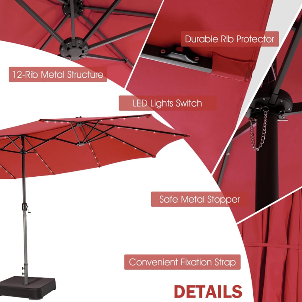 Aimee Lii 15 Feet Twin Patio Umbrella with 48 Solar LED Lights, Outdoor Umbrellas for Patio, Red