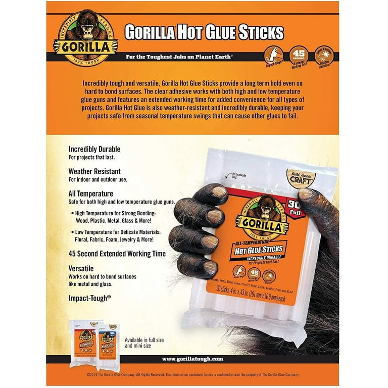 Gorilla Hot Glue Sticks, Full Size, 8 Long x .43 Diameter, 20 Count,  Clear, (Pack of 1)