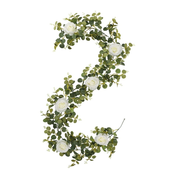 Guirnaldas artificiales de eucalipto con rosas blancas, para decoración de mesa de boda, centro de mesa para fiestas (1,8 m)