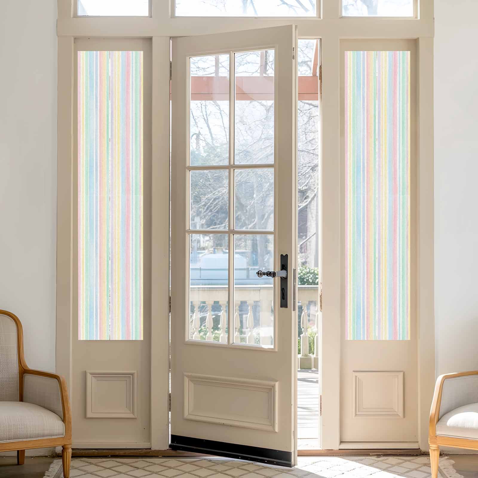 Colorful Stripes Window Privacy Film, Watercolor Rainbow Farmhouse Frosted Glass Window Clings Static Cling UV Heat Blocking Reusable Door Sticker for Bathroom 29.5 x 118 Inch