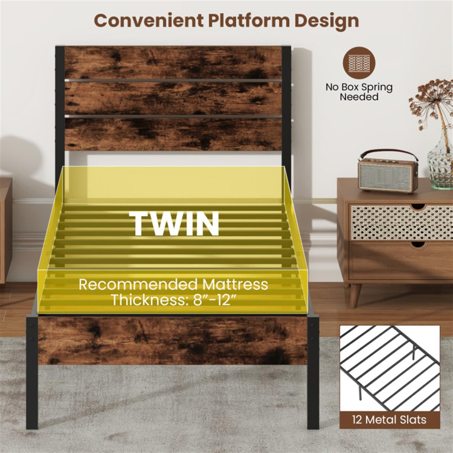 Demi Bonn Twin Size Bed Frame with High Headboard and Mute Bar, Industrial Metal Platform Bed Frame with Under Bed Storage, No Box Spring Needed, Brown