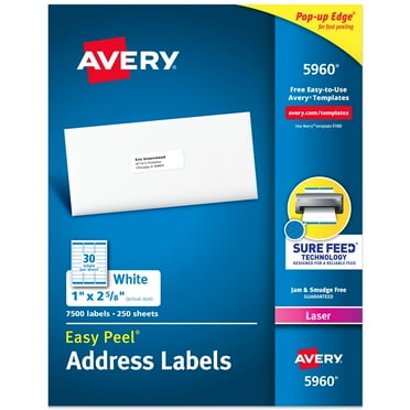 Avery Easy Peel  Address Labels, 1" x 2-5/8", White, 7,500 Labels (5960)