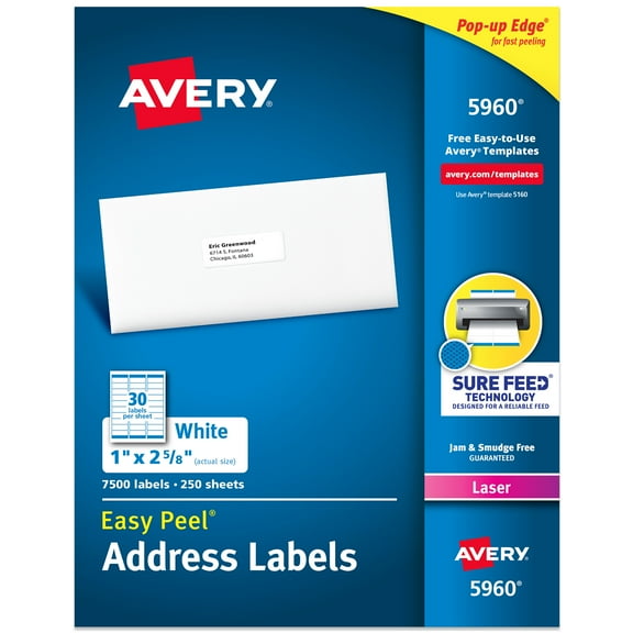 Avery Easy Peel Address Labels, 1" x 2-5/8", White, 7,500 Labels (5960)