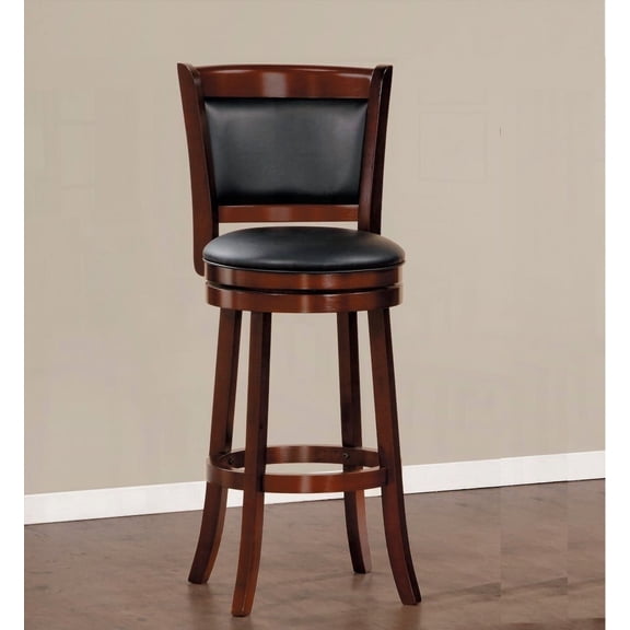1-Piece Swivel Bar Chair - Solid Wood with Dark Cherry Finish and Black Faux Leather Upholstery