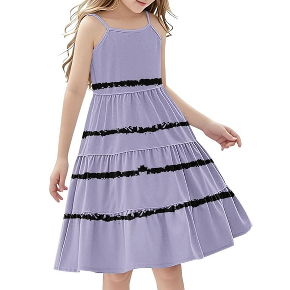 FamilyThread Girls Casual Stripe Sleeveless Dresses Spaghetti Strap Summer Swing Twirly Sundress A-Line Dress For 4-14Y