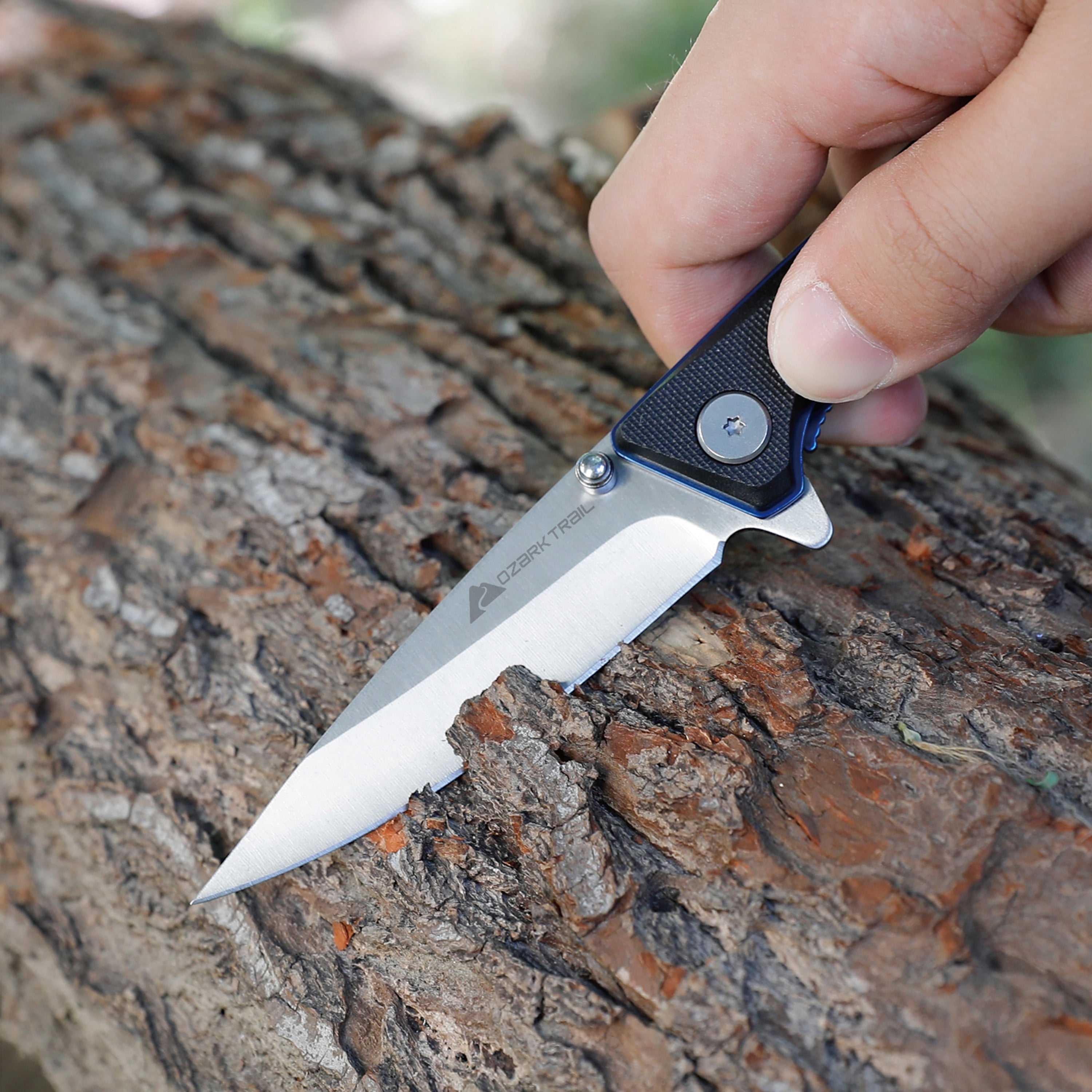 Ozark Trail Thunderhead Folding Knife, Black Handle with Blue Liners, 7.5 in