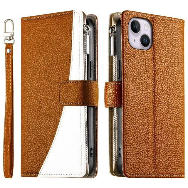 Funda cartera GANGXUN para iPhone 14 Plus , cuero PU con tarjetero, cremallera, correa de mano, soporte y protección 674°
