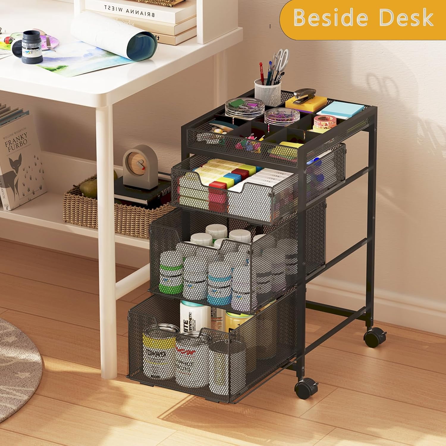 Rolling Utility Cart with 3 Drawers, Craft Organizer and Storage with DIY Divider, Lockable Wheels, Multi-Functional Storage for Art Supplies, Store for Brushes & Paints & Small Parts