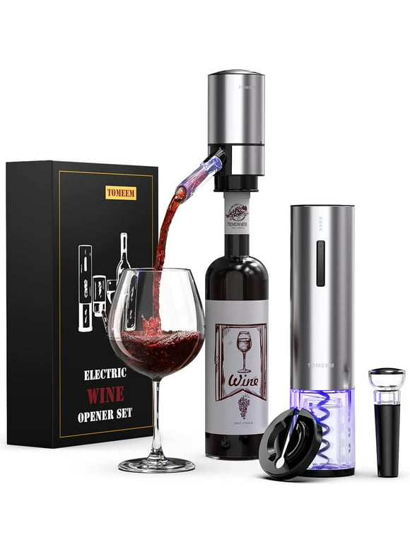 Electric Wine Opener Set 4-in-1 Tomeem Wine Gift Set with Rechargeable Wine Opener Aerator Vacuum Stoppers and Foil Cutter Automatic Wine Pourer