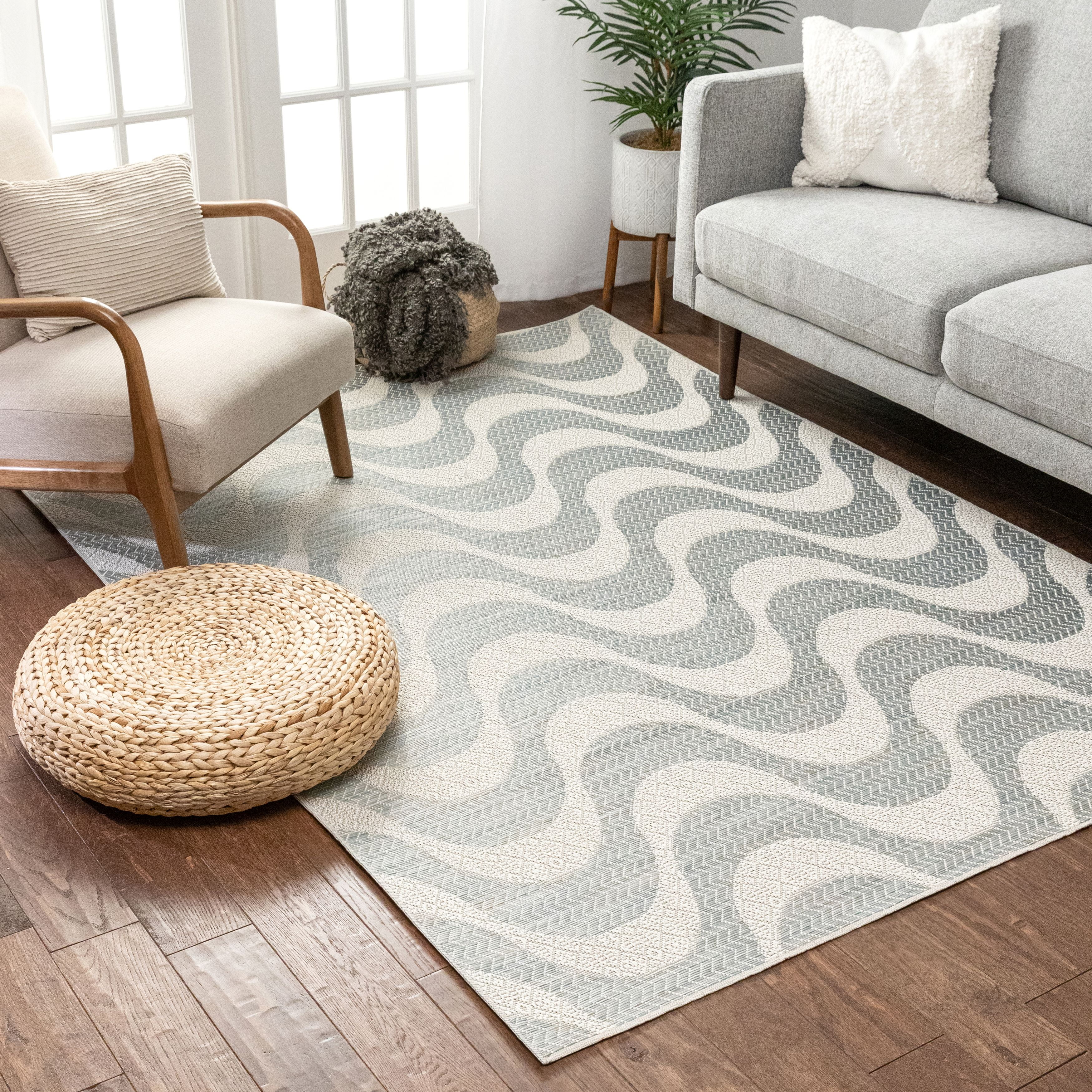 Well Woven Ameta Blue Geometric Flatweave Wavy Stripes Pattern Area Rug