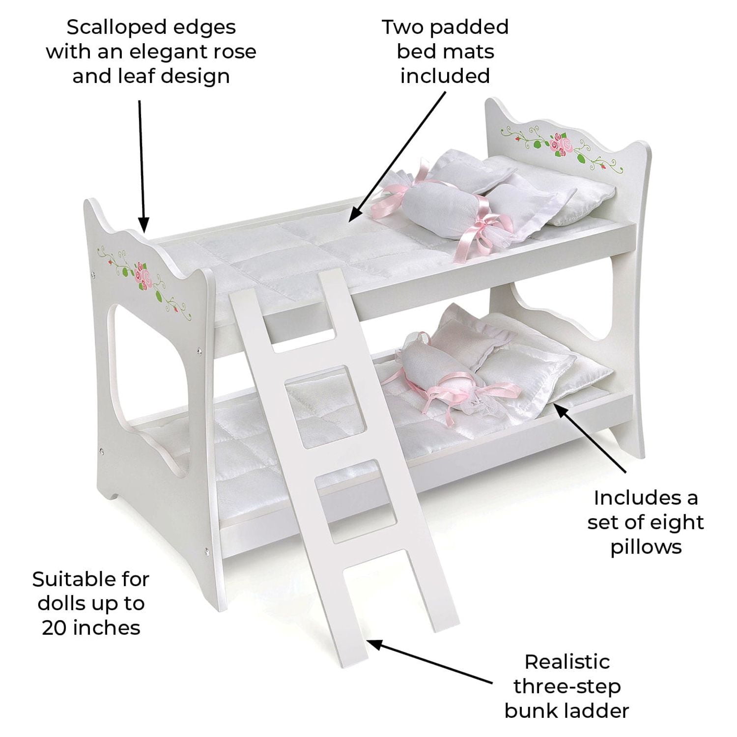 Badger Basket Doll Bunk Bed with Ladder and Bedding White