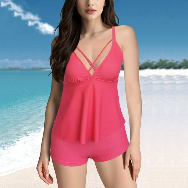 UPPADA Women's Ruched Tankini Swimsuits V Neck Wrap Tie Back Two Pieces Bathing Suit Adjustable Shoulder Strap Tummy Control Swimwear Swim Top with Bottom Clearance on Sale Pink,M