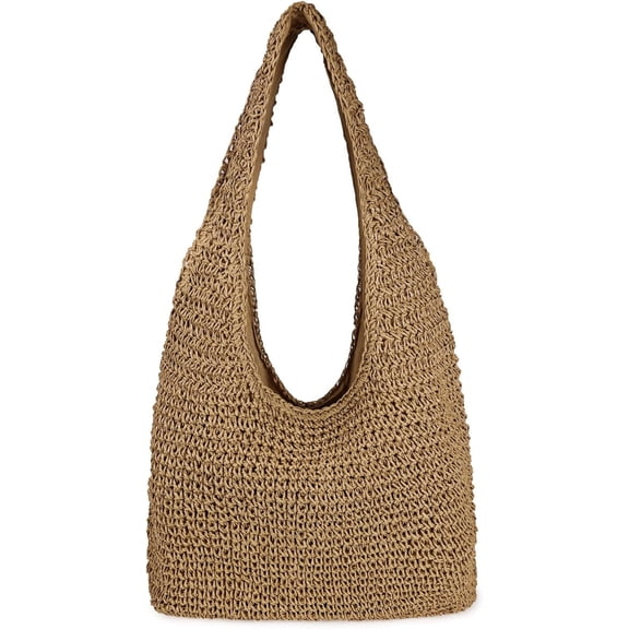 Women Large Straw Beach Bag Handmade Woven Shoulder Bags Hobo Tote Handbag Purse for Summer Khaki