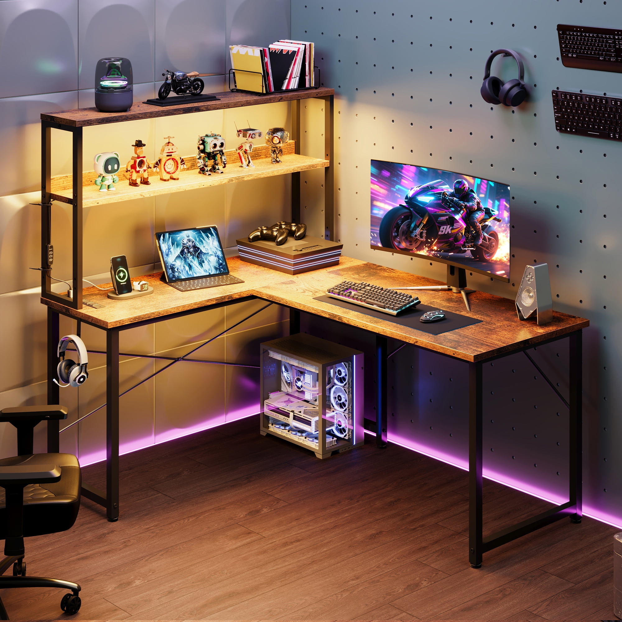 Casacomoda 43 Inch L Shaped Desk with LED Light & Power Outlet, Reversible L Shaped Computer Table with Shelf & Hook for Home Office, Vintage