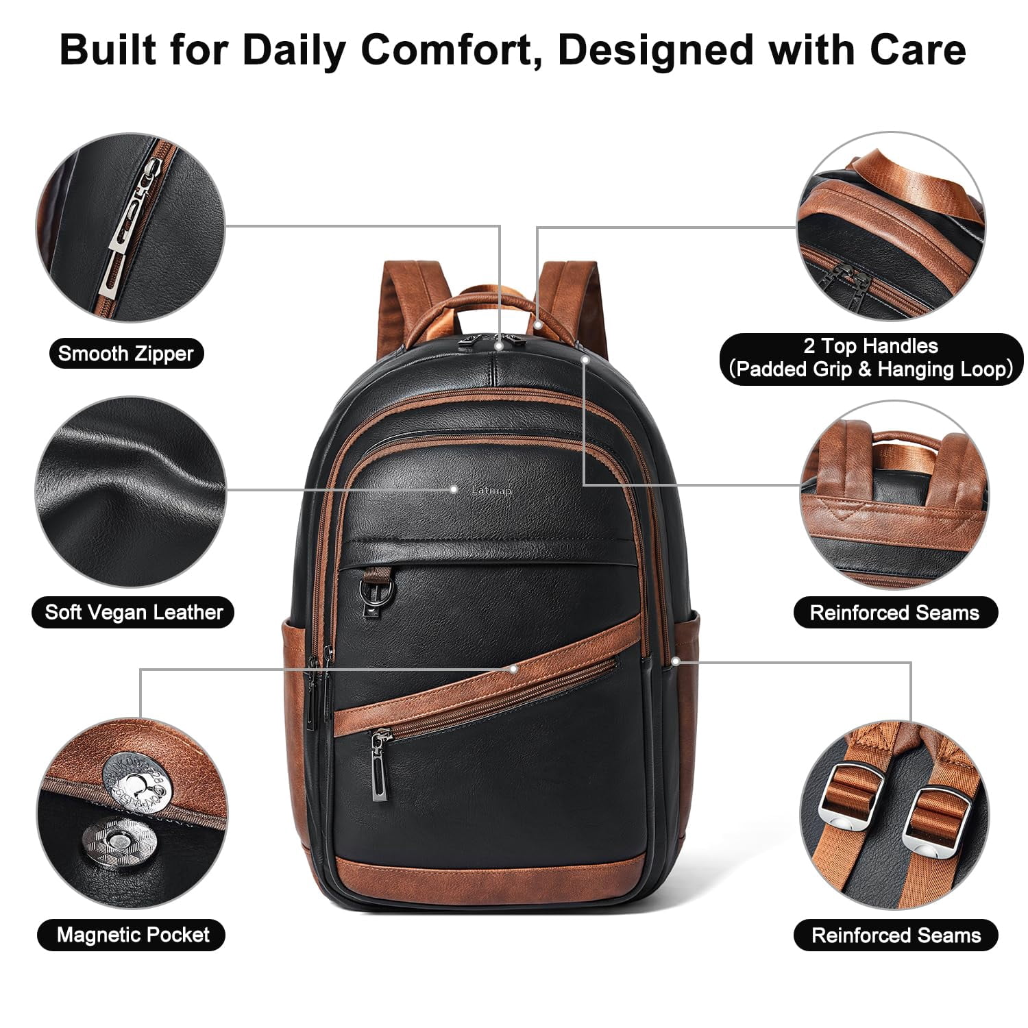 43L Vegan Leather Backpack for Women & Men, Travel Carry On Backpack, College Bookbag, Work Laptop Backpack fits 17 inch Laptop，Black&Brown