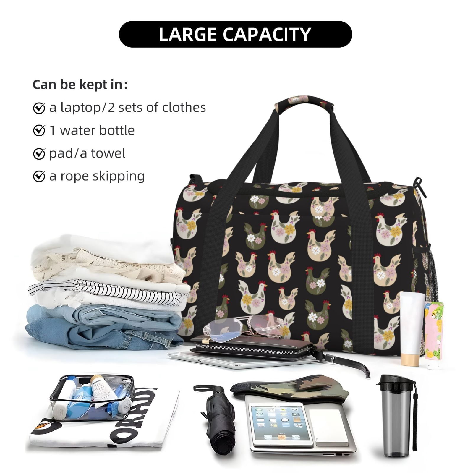 Fuzoiu Flowe Rooster Print Travel Duffle Bag,Carry On Tote Bags,Duffel Bag,Sport Gym Bag, Hospital Bag for Labor and Delivery, Overnight Bag,Luggage Bag