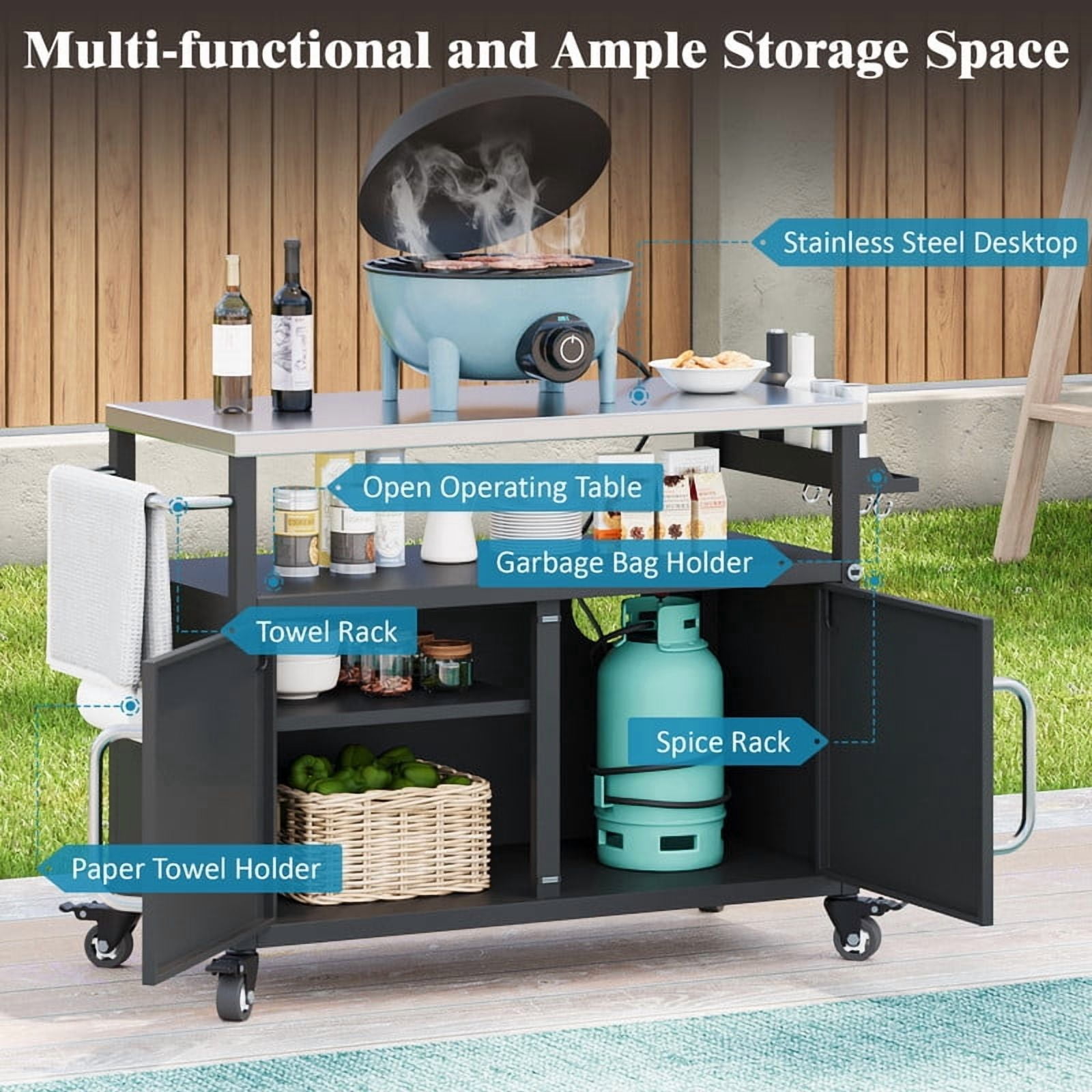 Outdoor Kitchen Island with Stainless Steel Tabletop, Outdoor Metal Grill Cart with 4 Lockable Wheels, Metal Grill Table with Spice Rack and Towel Rack for Outside BBQ
