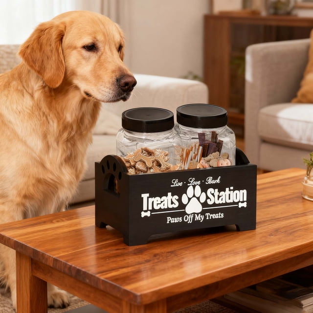 Durable Pet Food Storage Container with Two Jars Decorative Organizer for Cat and Dog Owners