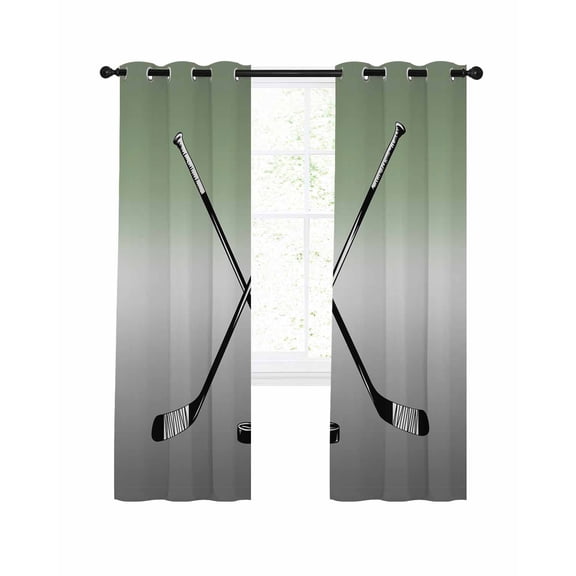Sage Green Gray Ombre Blackout Curtains, Light Blocking Print Window Curtains, Black Hockey Sticks Minimalist Style Thermal Insulated Window Drapes for Living Room 2 Panels, 104"W x 72"L