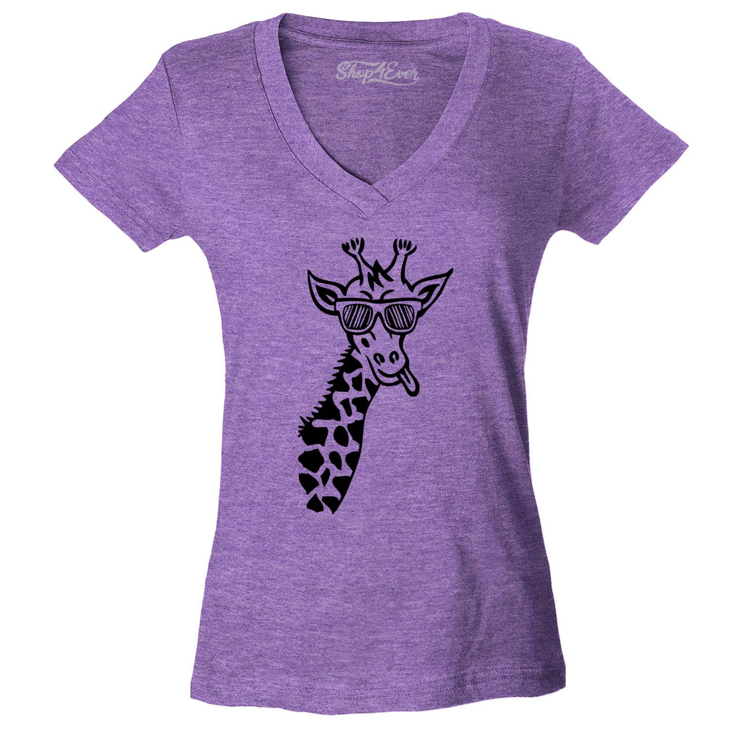 Shop4Ever Women's Cool Giraffe Cute Animal Slim Fit VNeck TShirt