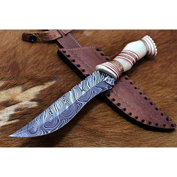 13" Long Hand Forged Damascus Steel Skinning Knife, Engraved Rose Wood Scale Crafted with Engraved Brass & Camel Bone Spacer Hunting Knife, Cow Leather Sheath with Belt Loop (Camel Bone)