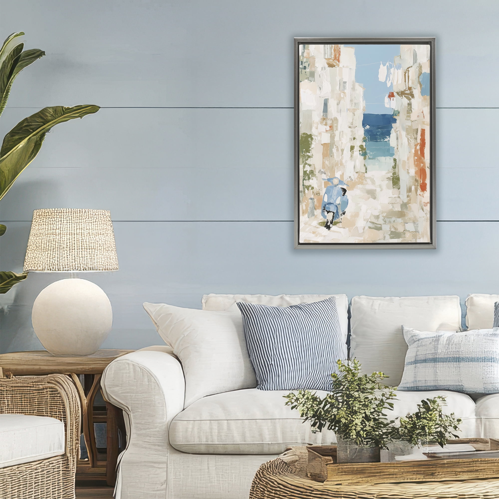 Stupell Industries Narrow Alley with Vespa Gray Framed Floater Canvas Wall Art, design by Chromatic Storm Studio
