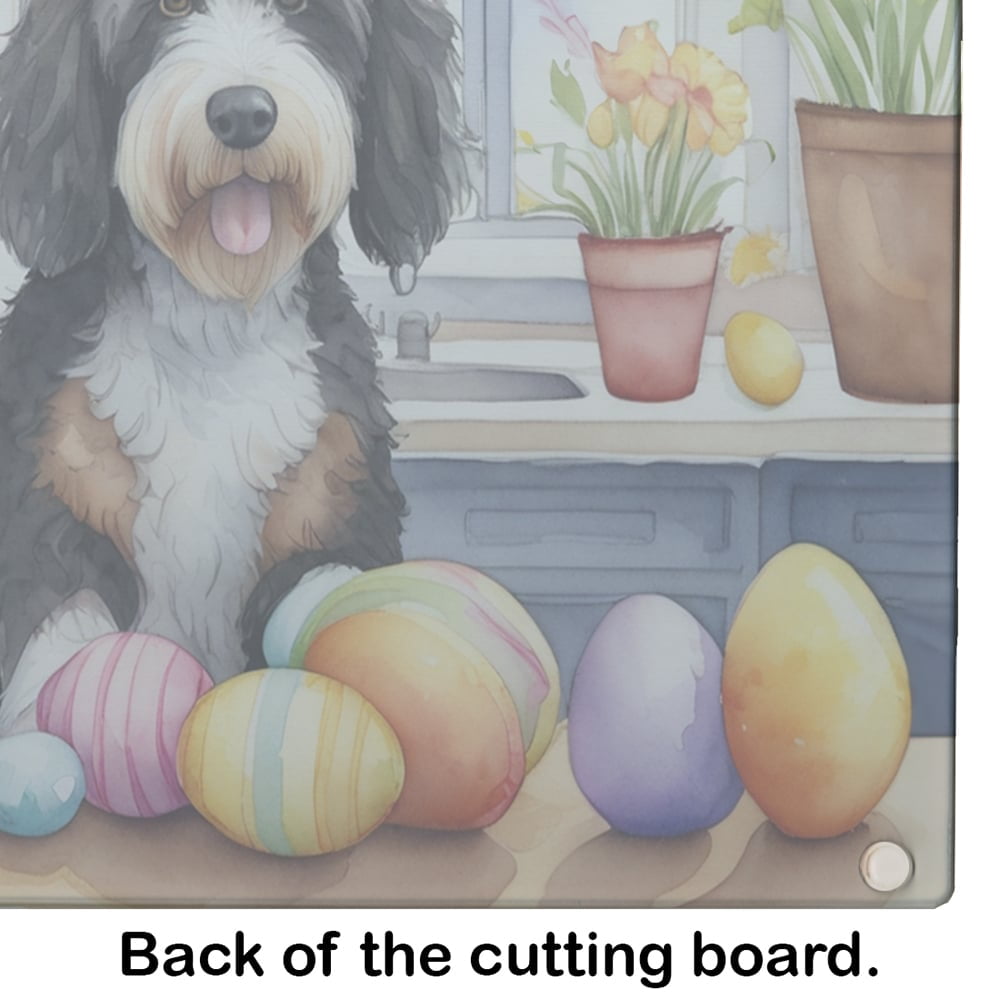 Decorating Easter Bernedoodle Glass Cutting Board 12 in x 15 in