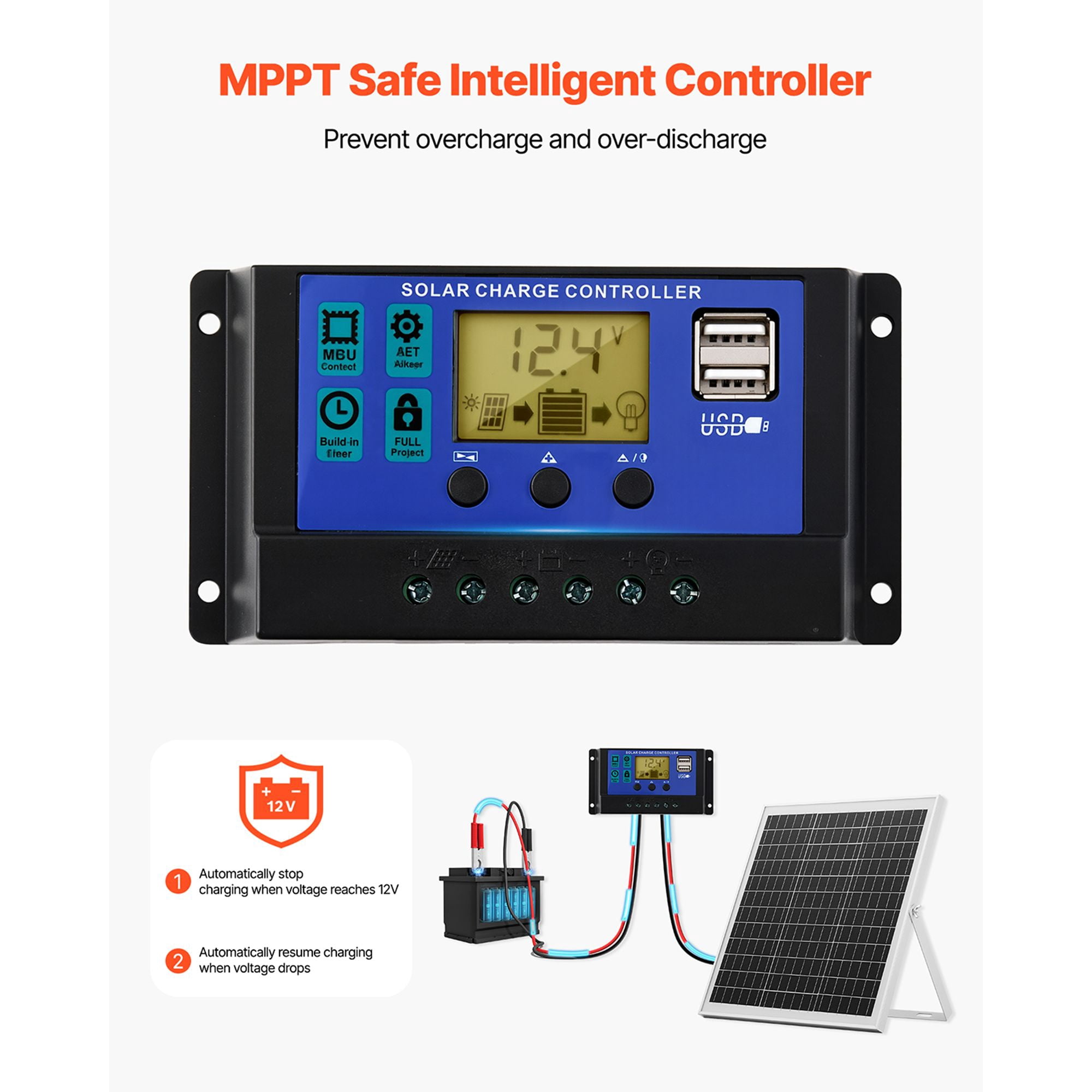20W 12V Solar Panel Battery Charger with MPPT Controller IP67 Waterproof for Car RV Boat Motorcycle