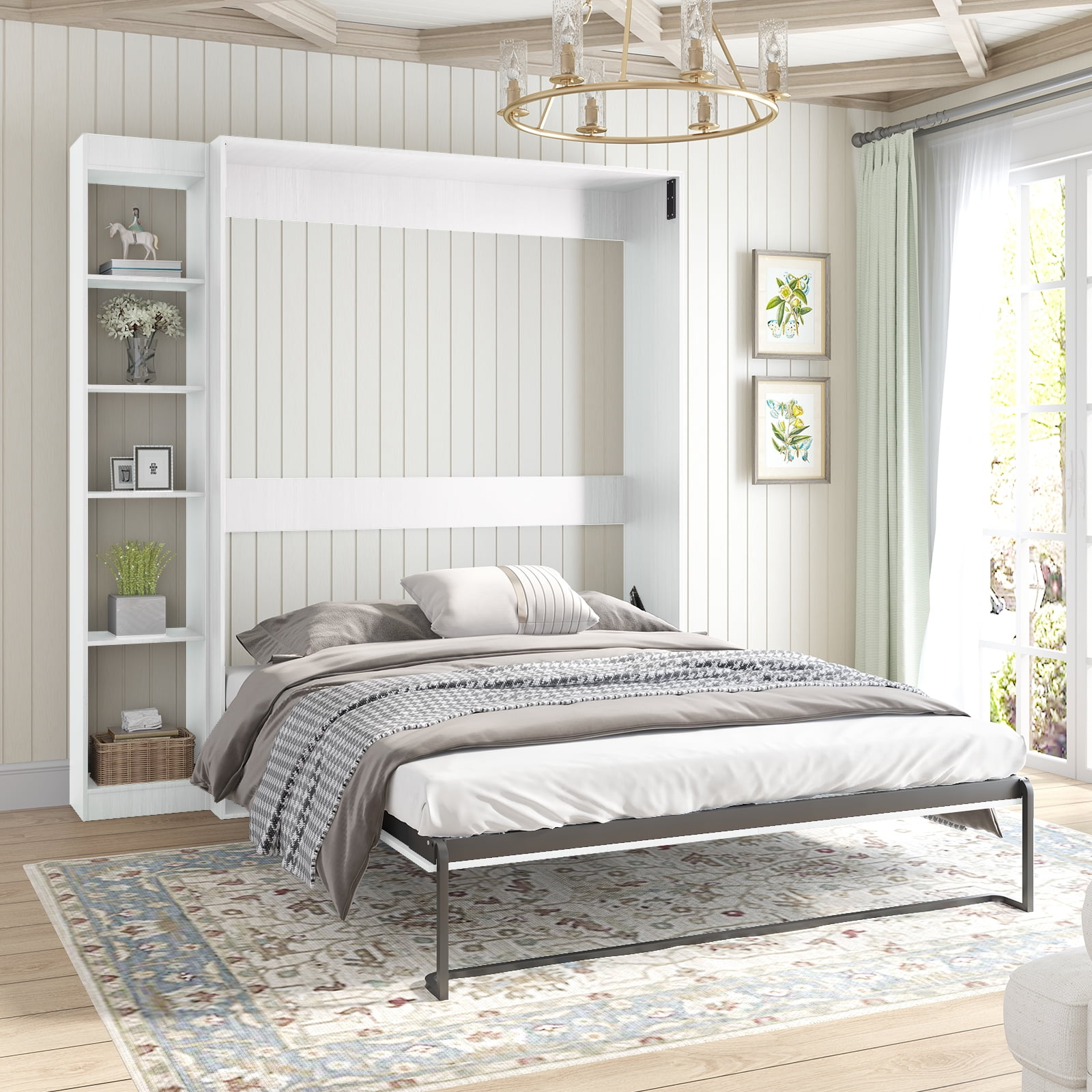 BALUS Modern Murphy Bed Frame with Side Shelf, Wall Bed Frame with