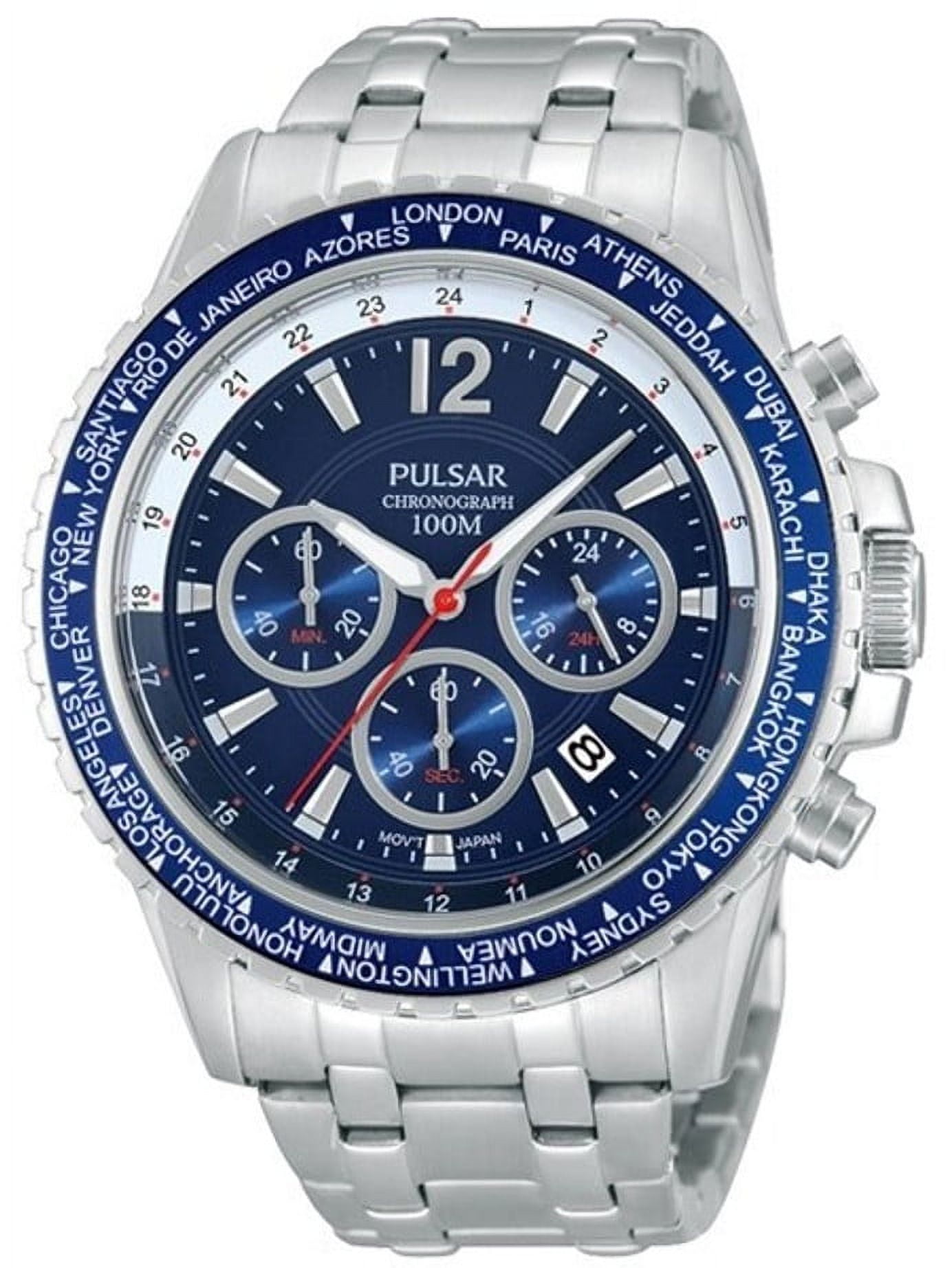 Pulsar PZ5001 Men s On The Go Solar Blue Dial Steel Bracelet Chronograph Power Reserve Watch Walmart