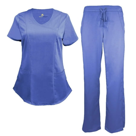 

ACTIVE UNIFORMS Stretch Women s Ultra Soft Modern Fit Mock Wrap Scrub Set (Ceil Blue Medium)