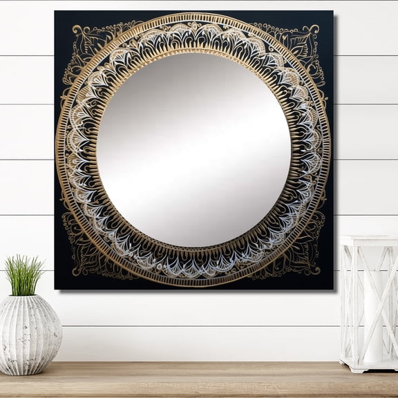 Designart "White and Gold Mandala Radiance I" Boho Mandala Square Mirror For Wall Decor - Large White Square Printed Wall Mirror Art - Square Traditional Mirror - Wall Mounted Square Large Mirror