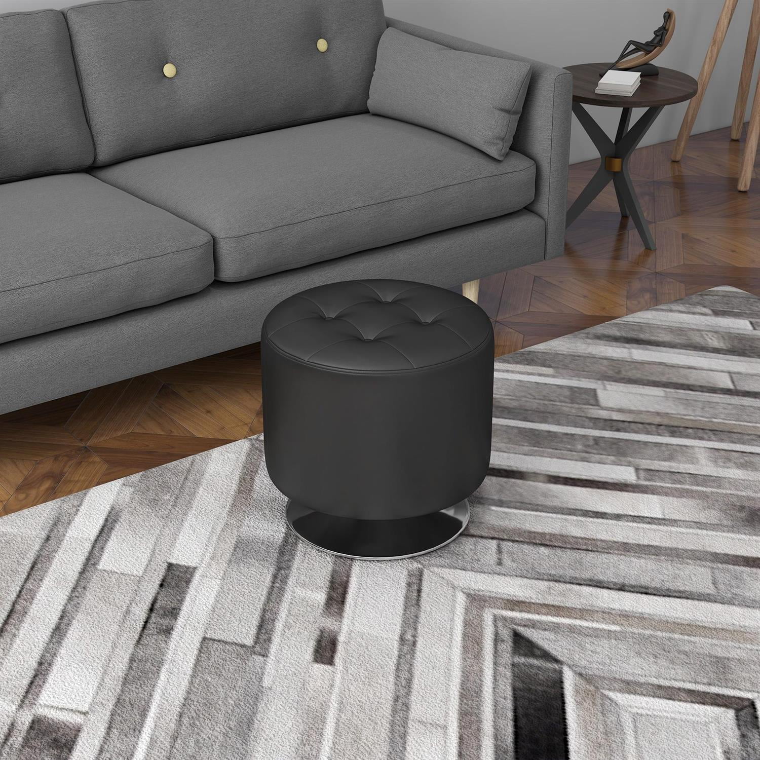 Demi Bonn 18" PU Leather Ottoman with 360° Swivel, Thick Sponge Padding & Solid Steel Base for Home Use, Comfortable Stool, Black