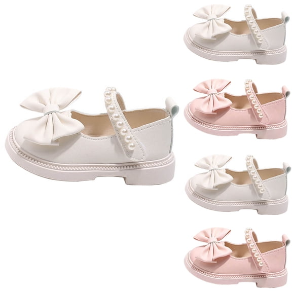 Girls Dress Shoes Princess Mary Jane Shoes with Elegant Pearl Bow Decor Comfy Low Heel Shoes for Weddings, Parties Pink 30
