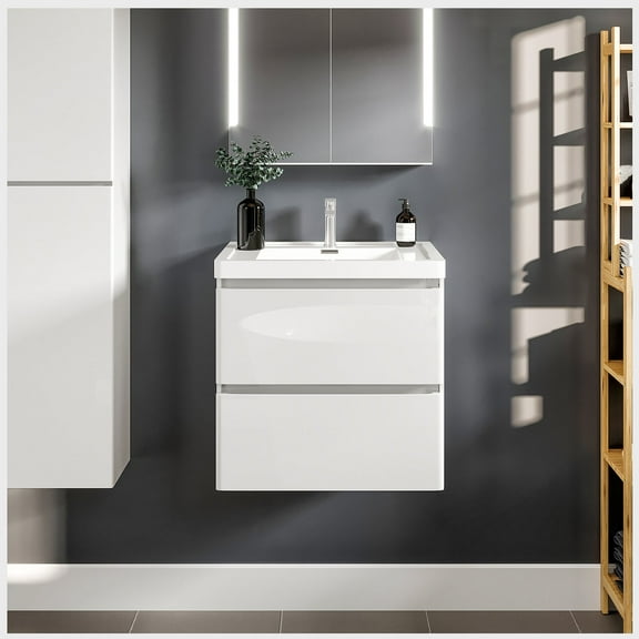 Eviva Glazzy 24" Glossy White Wall Mount Modern Bathroom Vanity w/ White Integrated Top