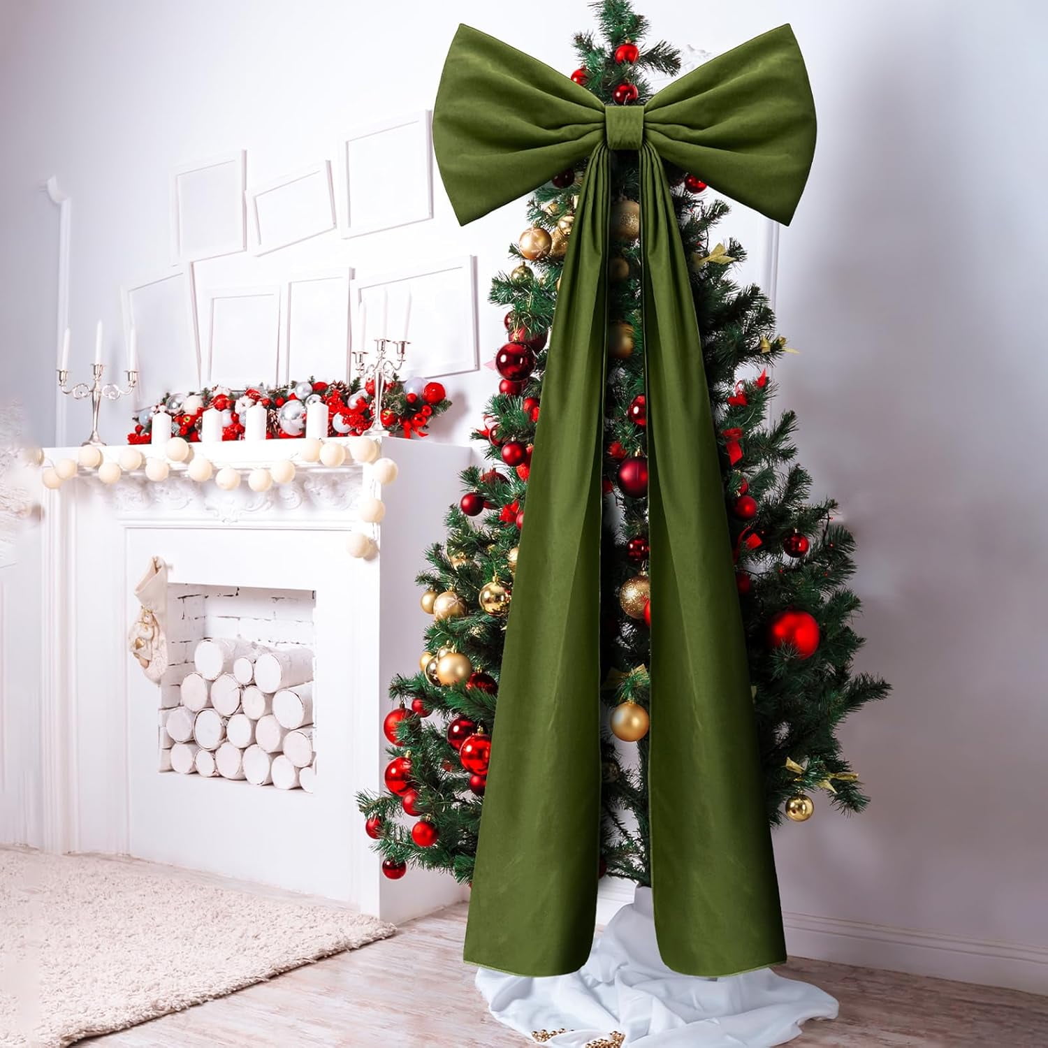 Guvpev 6FT Christmas Bows - Extra Large Moss Green Velvet Bows for Christmas Tree Decor, Giant Xmas Tree Toppers Bows for Home, Windows, Mantel, Birthday, Wedding, Valentine's Day Party Decorations