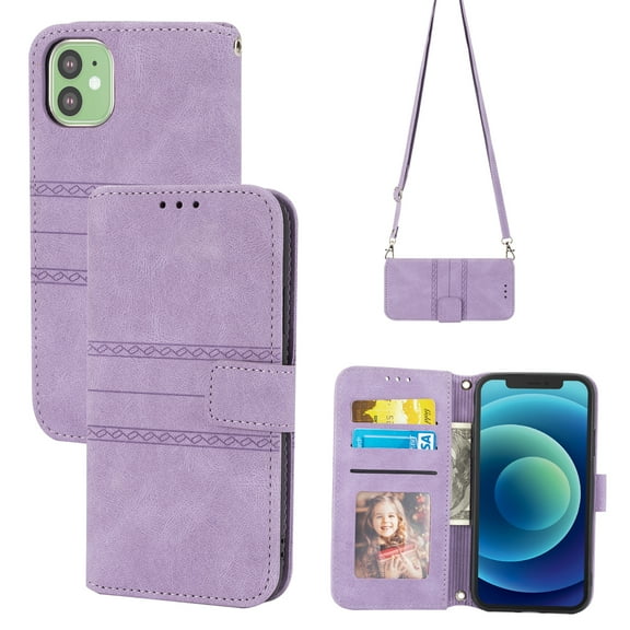 Feishell iPhone 12 Case with Credit Cards Holder, Wallet Magnetic Crossbody Shoulder Strap Flip Stand Purse Premium PU Leather Cover For iPhone 12 - 6.1", Lightpurple
