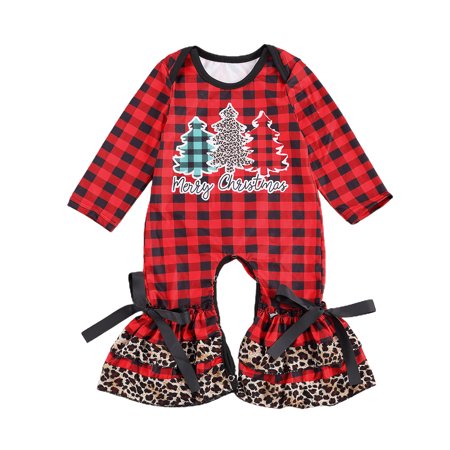 

Christmas Jumpsuit Infant Newborn Baby Xmas Romper Santa Tree Print Boys Girls Long Sleeve Plaid Bodysuit Flared Long Pants 0-24M