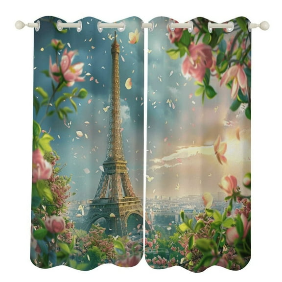Blossoming Paris Eiffel Tower 2 Panel Curtain Set, Watercolor Painting Window Treatment Living Room Bedroom Decor