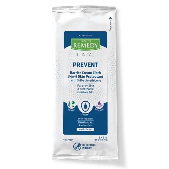 Medline Remedy Clinical 3-in-1 Barrier Cream Cloth Adult Wet Wipes, Vanilla Scent, 8 x 8in, 45 Count