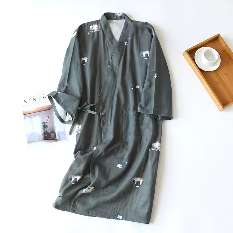 thumbnail image 2 of Albornoz de camisón de kimono japonés - Estilo tradicional 100% algodón Vestido de casa de primavera y verano Bata de sauna Ropa de dormir fina y liviana para hombres y mujeres, 2 of 4