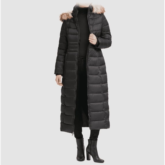 Kenneth Cole Faux Fur Trim Hooded Down Puffer Maxi Coat (Black, XS)