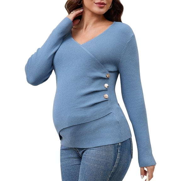 DARING DIVA Women's Nursing Maternity Long Sleeve Soft Stretchy Wrap Tops S Blue
