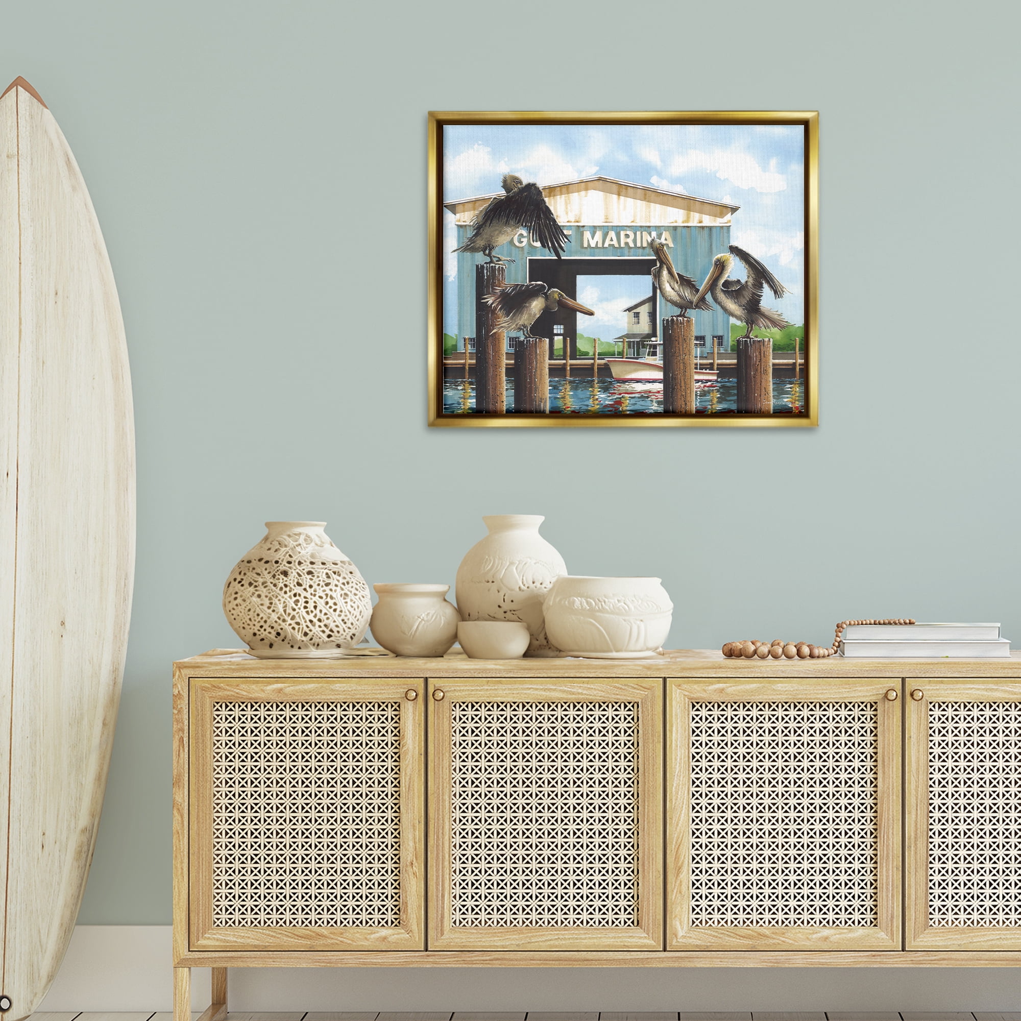 Stupell Industries Boat Marina Pelicans Nautical & Beach Painting Gold Floater Framed Canvas Art Print Wall Art, 31 x 25