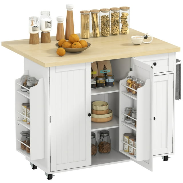 HOMCOM Kitchen Island with Drop Leaf Kitchen Cart with Pantry Cabinet White