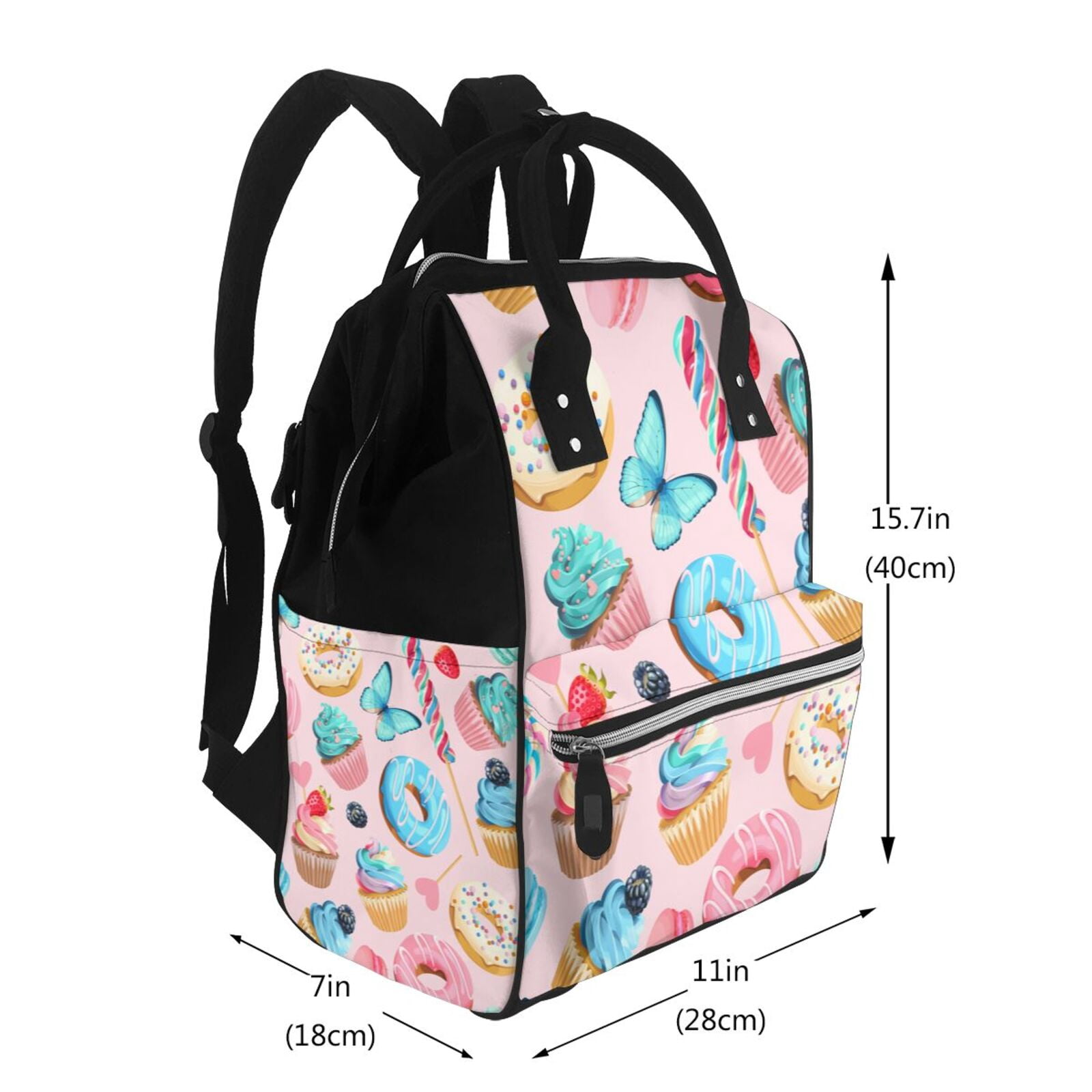 Fuzoiu Cupcakes and Donuts Print Diaper Bag Backpack,Baby Essentials Travel Tote,Multi function Waterproof Diaper Bag, Travel Essentials Baby Bag - Unisex